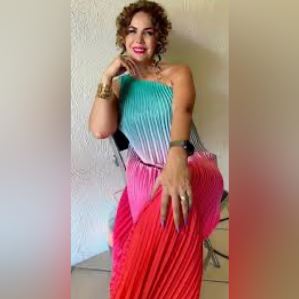 Nicole Miller Sleeveless One Shoulder Summer Sunset Ombré Satin Plissé Gown - Picture 9 of 11